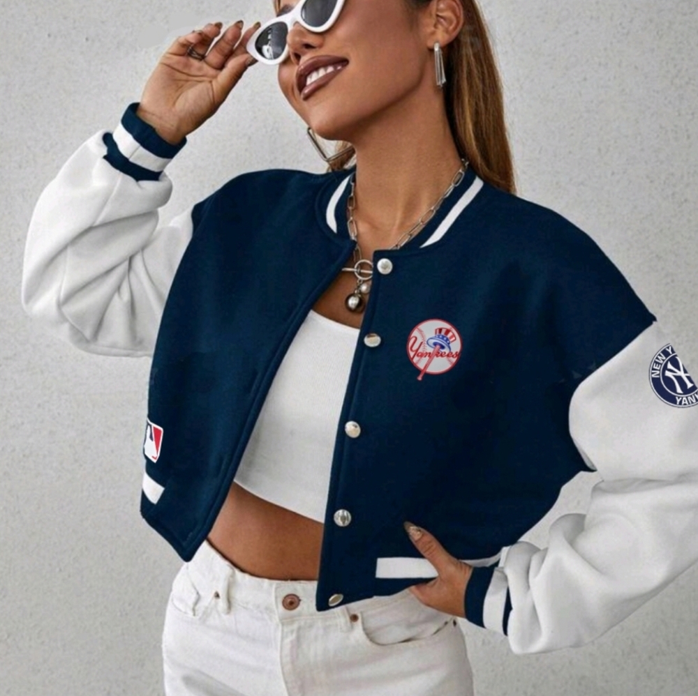 NEW cropped New York Yankees logo patch varsity jacket bomber jacket